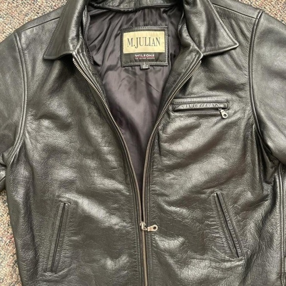 M. Julian Wilsons Mens Black Leather Biker Jacket Large Zip Up Side Buckle L - Picture 3 of 5